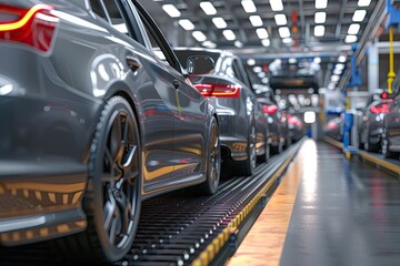 Cars on the production line in a factory. 3d rendering of unfinished cars in a row on the conveyor in an automobile assembly line