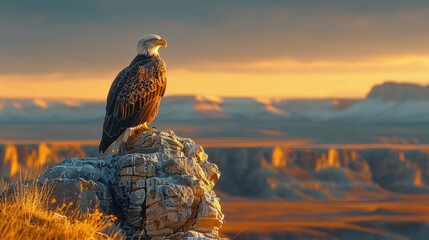 Accipitridae bird, eagle, perched on rock, overlooking canyon at sunset