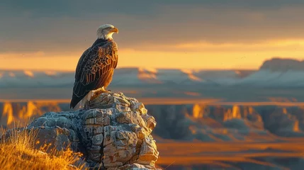 Fotobehang Accipitridae bird, eagle, perched on rock, overlooking canyon at sunset © yuchen