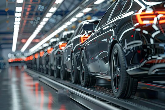 Cars on the production line in a factory. 3d rendering of unfinished cars in a row on the conveyor in an automobile assembly line