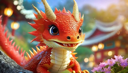  A highly detailed, hyper-realistic image of a cute, curious baby Chinese dragon. The dragon 
is depicted with scales that glisten in the light, each one meticulously rendered with intricate detail.
