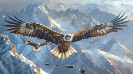 Accipitridae bird soaring over snowy mountains in an ecoregion, with sharp beak - obrazy, fototapety, plakaty