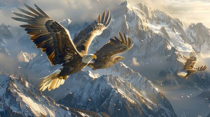 Three Accipitridae birds of prey soar over a snowy Falconiformes mountain - obrazy, fototapety, plakaty