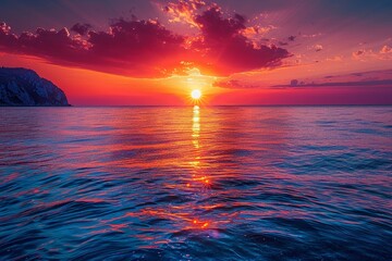 Vivid sunset with deep reds and purples reflecting on calm sea waters, creating a serene,...