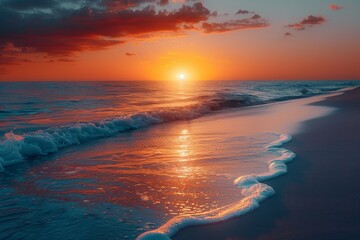 An idyllic scene of foamy ocean waves under a breathtaking golden hour sunset