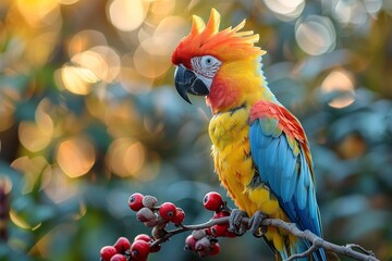 Obraz premium An exotic macaw is captured in a serene moment, perched on a branch surrounded by autumn's warm bokeh lights