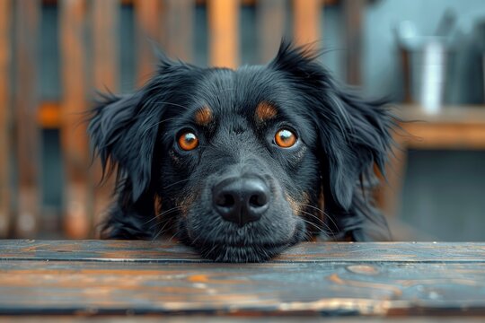 Heartwarming portrait of a black dog with deep orange eyes looking directly at the viewer