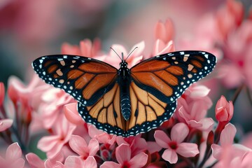 Monarch butterfly with its iconic orange and black wings spread, perched delicately atop a cluster of soft pink flowers