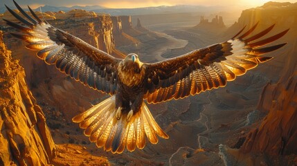 Accipitridae bird soaring over canyon in Falconiformes ecoregion at sunset