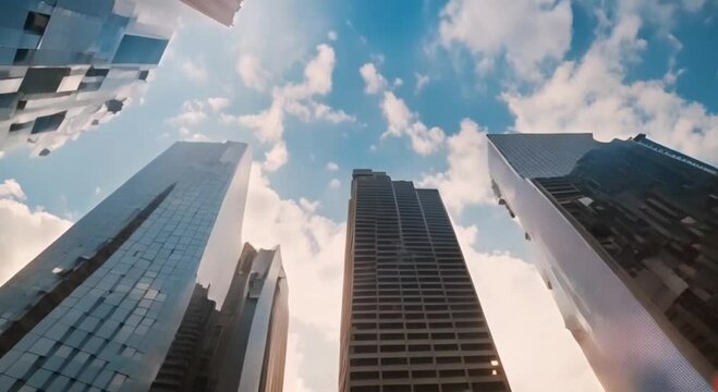 3d view of tall skyscrapers in the city, sunny and cloudy seen from below