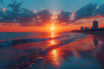 The sun sets casting golden hues over a tranquil beach, with waves gently lapping the shore and clouds reflecting the light