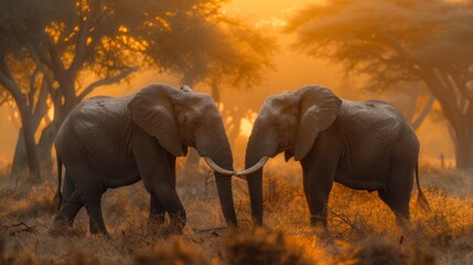 Two elephants in a natural landscape, standing in an ecoregion field