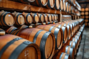 Rows of oak barrels stacked in a cellar aging high-quality wine in a vineyard estate, capturing the process of wine maturation