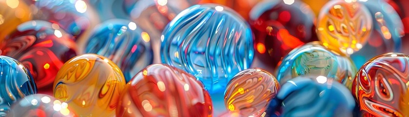 Glass Ornaments Closeup images of decorative glass ornaments, including figurines, paperweights, and art glass sculptures, showcasing the intricate details and colors of glass artworks , 3D render