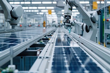 Naklejka premium Large Production Line with Industrial Robot Arms at Modern Bright Factory. Solar Panels are being Assembled on Conveyor. Automated Manufacturing Facility 