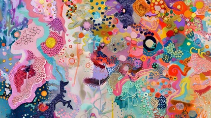 Painting of abstract artwork, psychedelic patchwork, confetti-like dots, rococo whimsy, intricate textures, textile assemblages, rococo, pastel colors