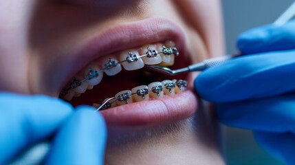 Orthodontic Examination, Dentist Inspecting Young Man's Teeth with Braces