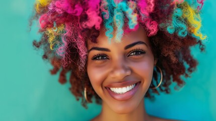 Vibrant Beauty, Portrait of a Stunning Black Woman with an Exuberant Hairstyle, Radiating Joy in a Colorful Fantasy Setting