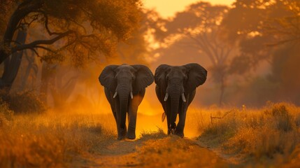 Elephants stroll through a grassy field at sunset in a natural landscape - obrazy, fototapety, plakaty