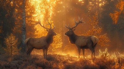 Two deer standing together in the natural landscape