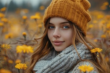 A young woman in autumn attire stands among yellow wildflowers, creating a dream-like ambiance
