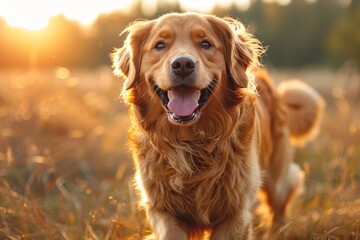 An adorable Golden Retriever enjoying the golden hour in a field, with a blurred face to focus on the dog's surroundings