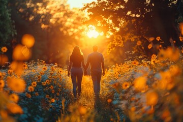 A back view of a romantic couple holding hands while walking in a field of flowers during sunset - Powered by Adobe