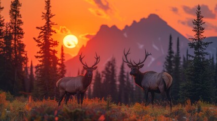 Two deer in a field at sunset, under the colorful sky