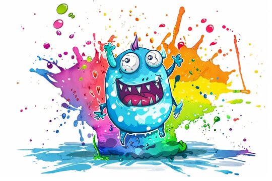 Cartoon cute doodles of a blue monster with polka dots and stripes, happily splashing in a puddle of rainbow-colored paint, Generative AI