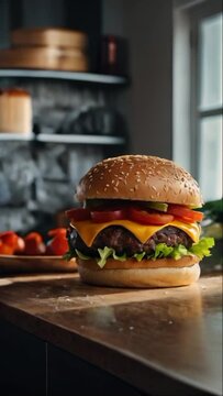Burger set on table surrounded by vegetables and cooking tools in kitchen island countertop   , modern kitchen background  ,window, blurry background