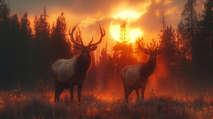 Two deer graze on barren ground under the sunset sky - obrazy, fototapety, plakaty