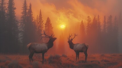 Two deer in natural setting at sunset, surrounded by trees and grass