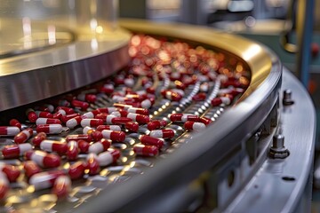 Obraz na płótnie Canvas Sorting pharmaceutical capsules by a sorting machine on a production line