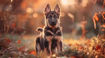 Fotobehang Alert german shepherd puppy, loyal guardian standing majestically in a picturesque field © Ilja