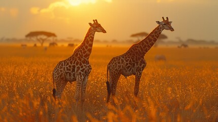 Two Giraffidae in a grassy field at sunset, with colorful sky and long necks