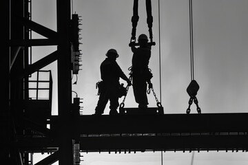 wo metal workers operating a crane to move steel members