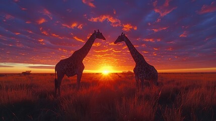 Two giraffes by natural landscape at sunset, under red sky at afterglow