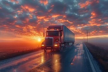 Majestic view of a semi-truck driving on the road during a vibrant sunset across the horizon