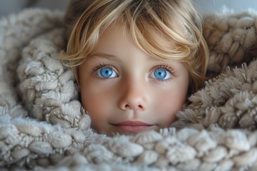 Cozy child with bright blue eyes wrapped in a soft, chunky knitted blanket