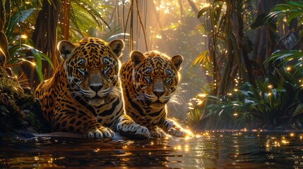 Two jaguars, carnivorous felidae, stand in water in jungle habitat - obrazy, fototapety, plakaty