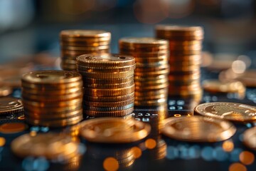 Depth-filled image of multiple stacks of golden coins representing wealth, economy, and financial growth