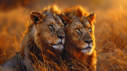 two lions are sitting next to each other in the grass