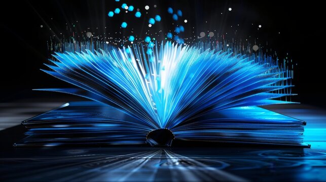 Open book with glowing blue digital rays and particles on black background. Online education, e-learning, study and science concept. World Book Day, back to school, knowledge and wisdom