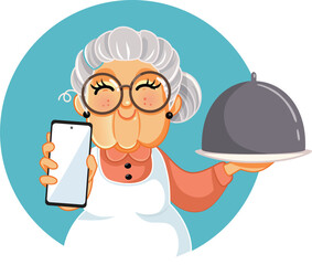 Granny Holding a Phone for Food Delivery App Concept Vector. Food ordering service with traditional recipes like homemade cuisine 
