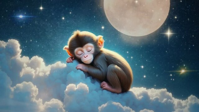 baby monkey is sleeping on a starry cloud, seamless looping 4k animation video background 