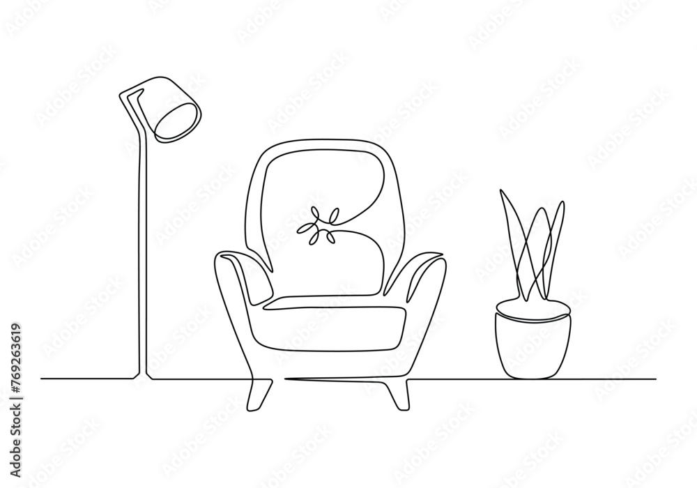 Poster continuous one line drawing of couch or sofa with lamp and potted plant. modern furniture simple lin