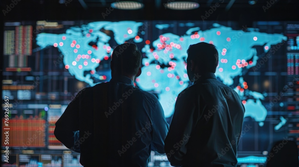 Poster two figures stand before a large digital display screen,which shows a global threat map with data vi