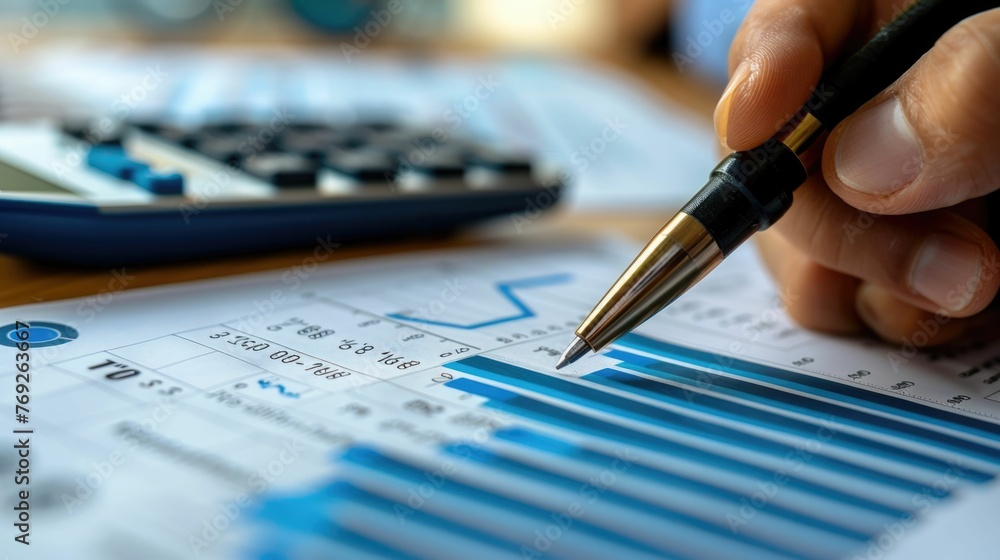 Poster depicts a financial audit in progress,with a person carefully reviewing financial documents and data