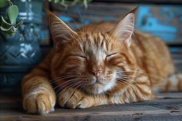 Fototapeta premium A peaceful orange tabby cat enjoys a restful sleep on an old rustic wooden surface, portraying calm and comfort