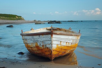 Obraz premium Old white and rusted boat resting on a sandy beach with calm blue waters and clear skies in the background